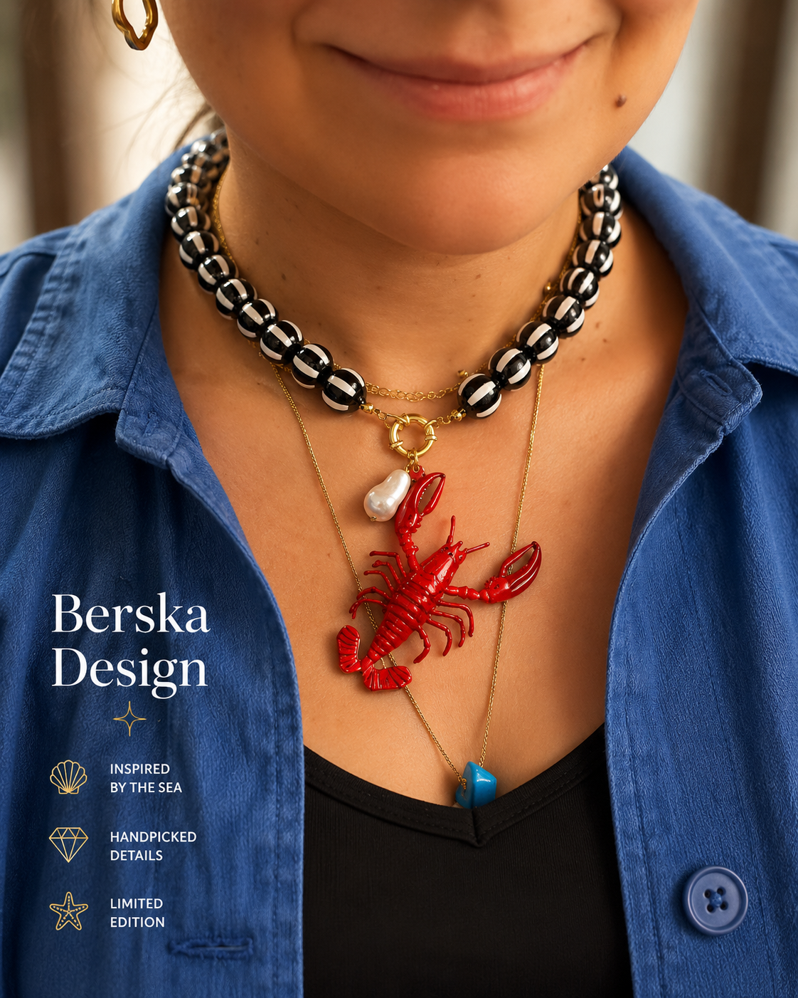 Necklace black&white lobster