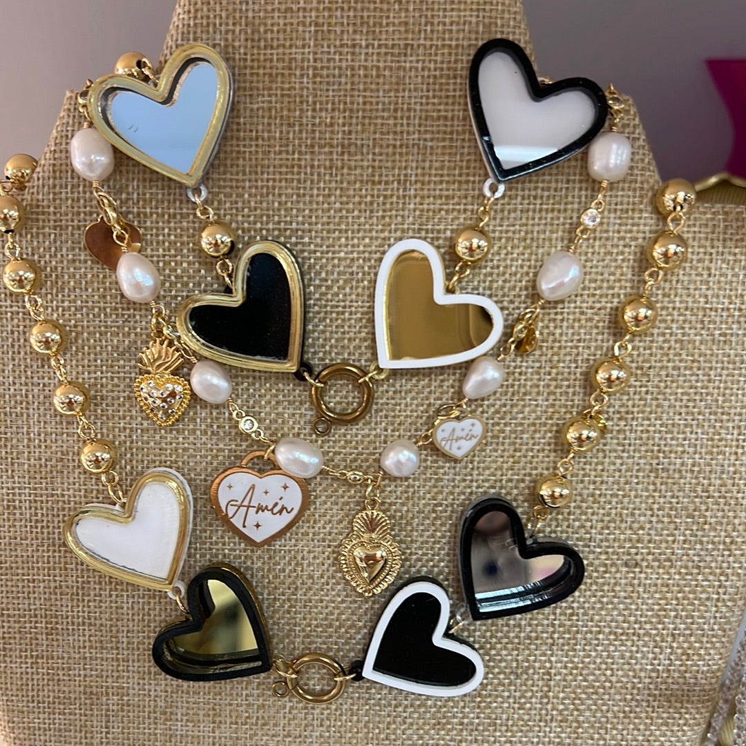 Necklace Heart Mirrow w&amp;b
